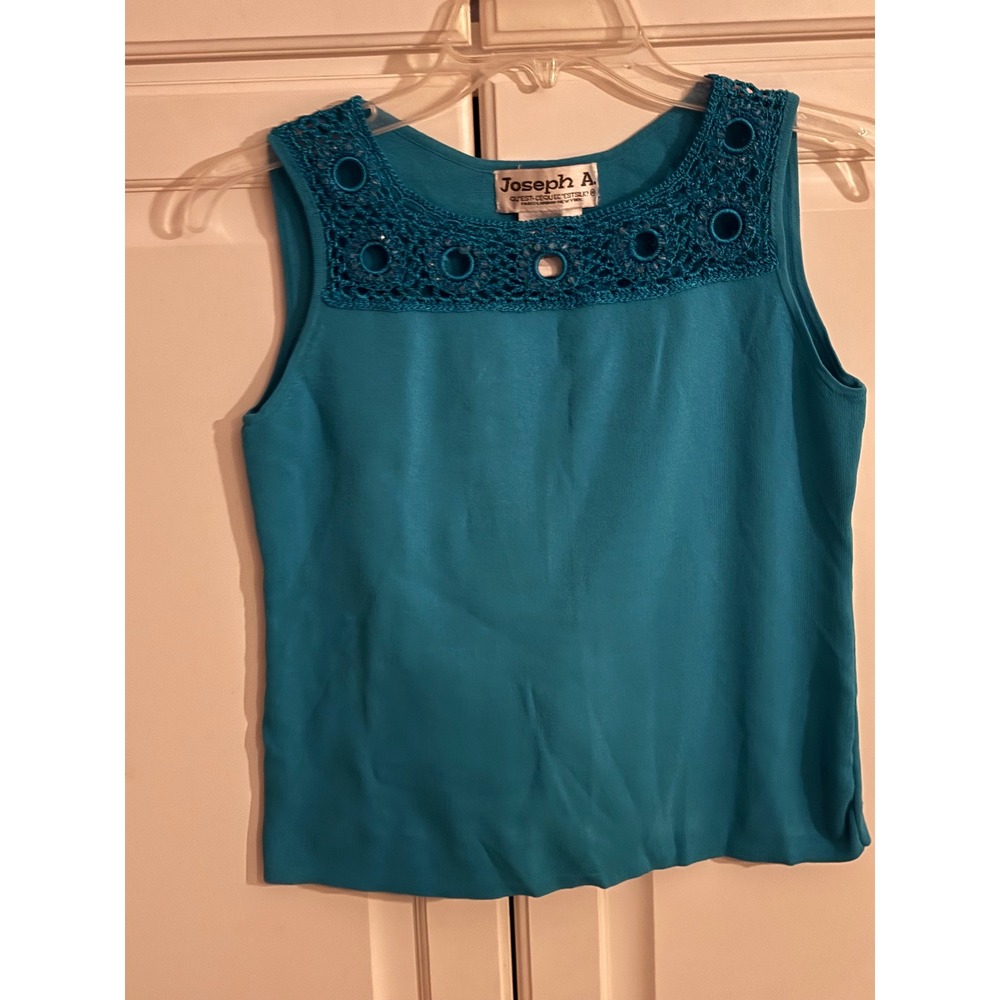 Joseph A Womens Turquoise Blue Beaded Crochet Lace Neckline Knit Tank Top Size M